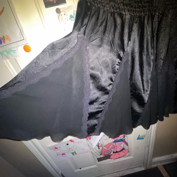 Black satin with lace trim, taffeta panels, flare knee length skirt. - Picture 3 of 8